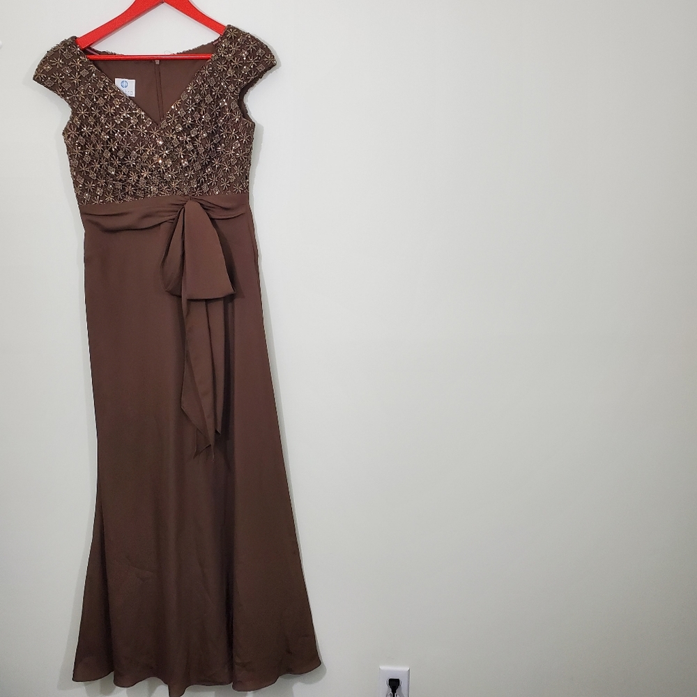 Patra  Brown V Neck Embellished Tied Long  Gown, Size 6 P